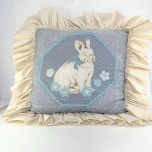 Vintage Ruffled Bunny Easter Pillow 12x12 Blue Cream Cottage Farmhouse Decor